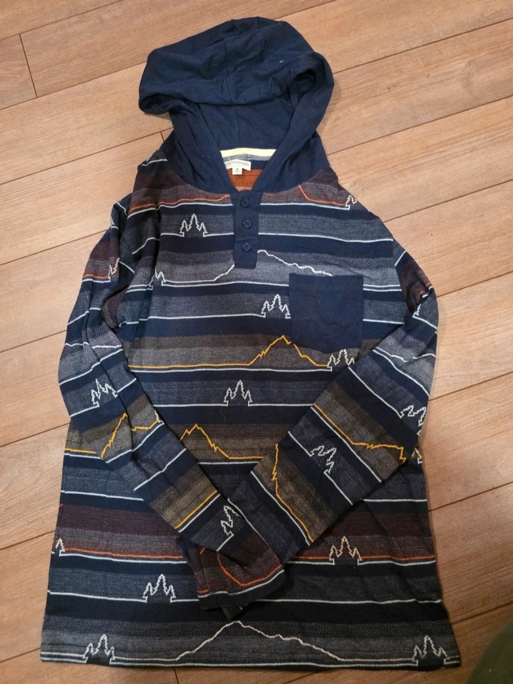 EARTHBOUND Navy Striped Mountain Hoodie Sweater with Gold Accents